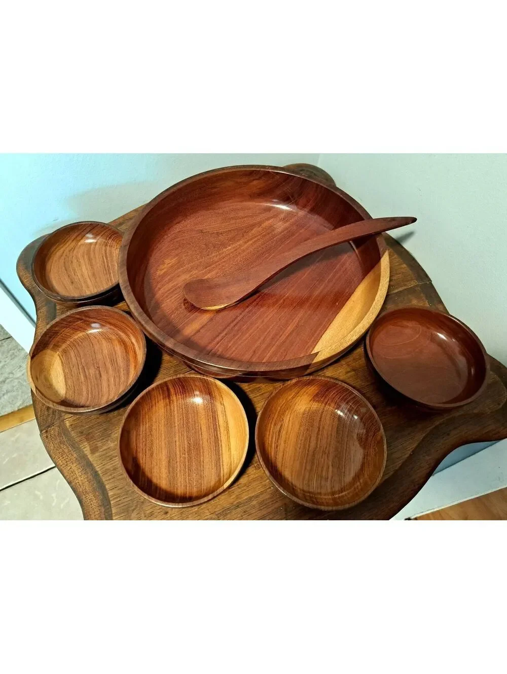 Vintage Hand Carved Teak Wood 7 Pc Salad Set Serving Pieces